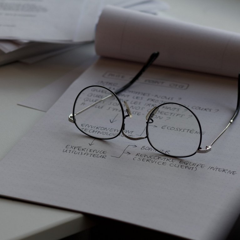 Brille auf handgeschriebenem Dokument